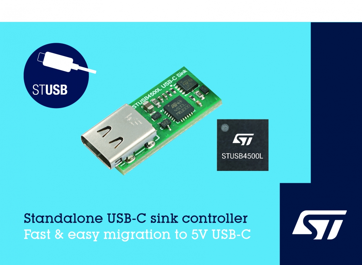 ST新闻稿2020年3月25日——意法半导体推出面向5V USB-C充电应用的独立的VBUS供电控制器